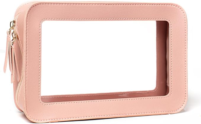 Clear Makeup Bag, Pink Travel Makeup Pouch Toiletry Bag for Women Waterproof Small Cosmetic Bag Case Small Make Up Bag with Zipper Car Organizer Car Essentials for Women Men