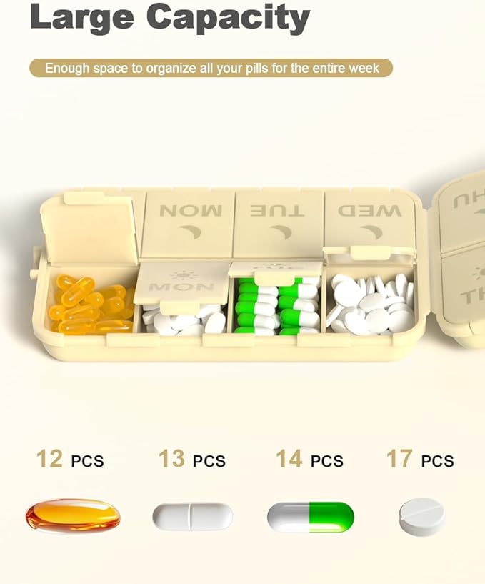 Pill Organizer Medicine Organizer Travel Essentials - Weekly Medicine Dispenser with Etched Labels, 7 Day AM PM Dispenser, Travel Pill Box, Foldable Medicine Case