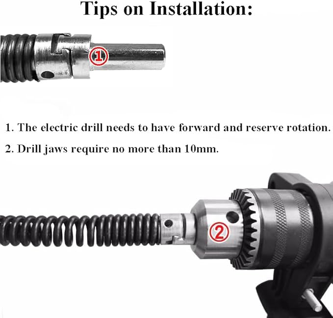 6.5Ft Drill Drain Snake, Carbon Steel, 10mm, Black, Drain Auger Cable, 1 Pack