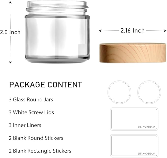 2 oz Small Glass Containers with Lids, Glass Jars with Woodgrain Lids & Inner Liners, Reusable Travel Containers for Creams, Makeup, Lotion, Cosmetic - 3 pack
