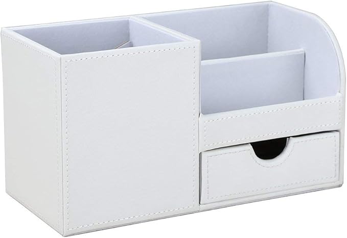 KINGFOM Desk Organizer Office Supplies Caddy Pu Leather Multi-function Storage Box Pen/Pencil,Cell phone, Business Name Cards Remote Control Holder with Small Drawer White