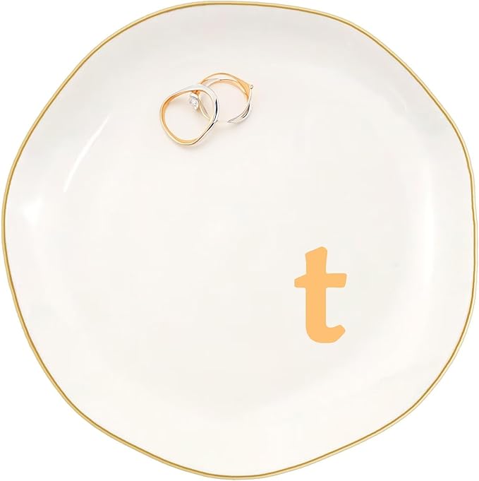 Ceramic Jewelry Dish with Personalized Monogram, White Decorative Ring Trinket Tray, Engagement Wedding Gift for Women Mom Friend, Letter t