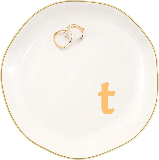 Ceramic Jewelry Dish with Personalized Monogram, White Decorative Ring Trinket Tray, Engagement Wedding Gift for Women Mom Friend, Letter t