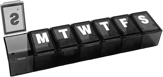 Amazon Basic Care Weekly (7-Day) Pill Organizer, Vitamin Planner, And Medicine Box, Medium Compartments, Black