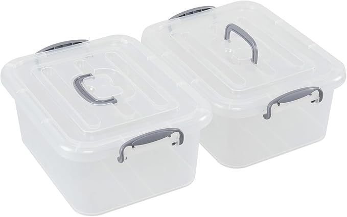 Yesdate Plastic Storage Bins with Lids 2 Pack Storage Organizer, 8 Quart Stackable Storage Bins with Buckle-Up Latches and Handle easy for Home Office Pantry Organization, Clear Lids