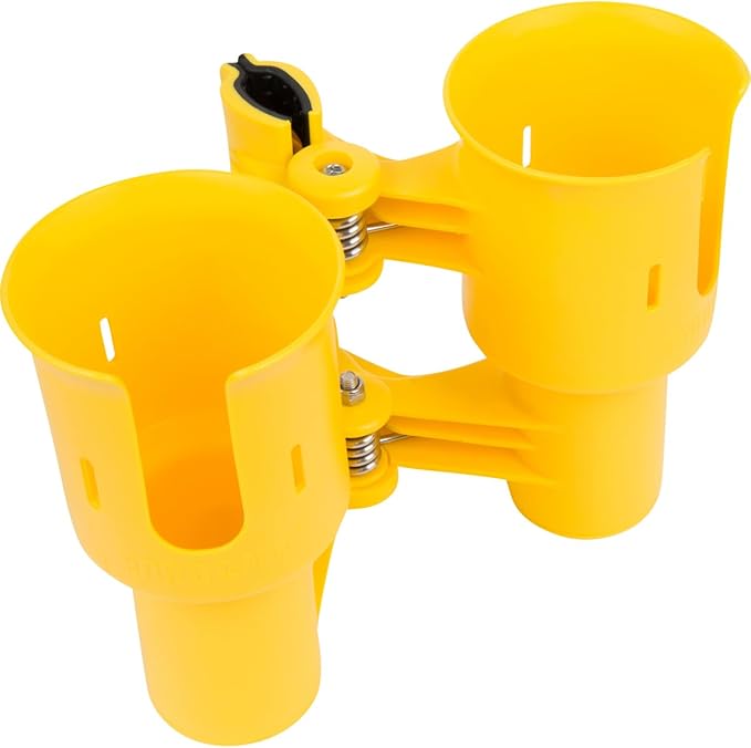 ROBOCUP, (Yellow), Patented Clamp On Boat Cup Holder |Multifunction Dual Drink Caddy for Fishing Poles, Tools, Net, Gaff |Portable Storage for Boating, Beach, Umbrellas, Golf Carts, Strollers