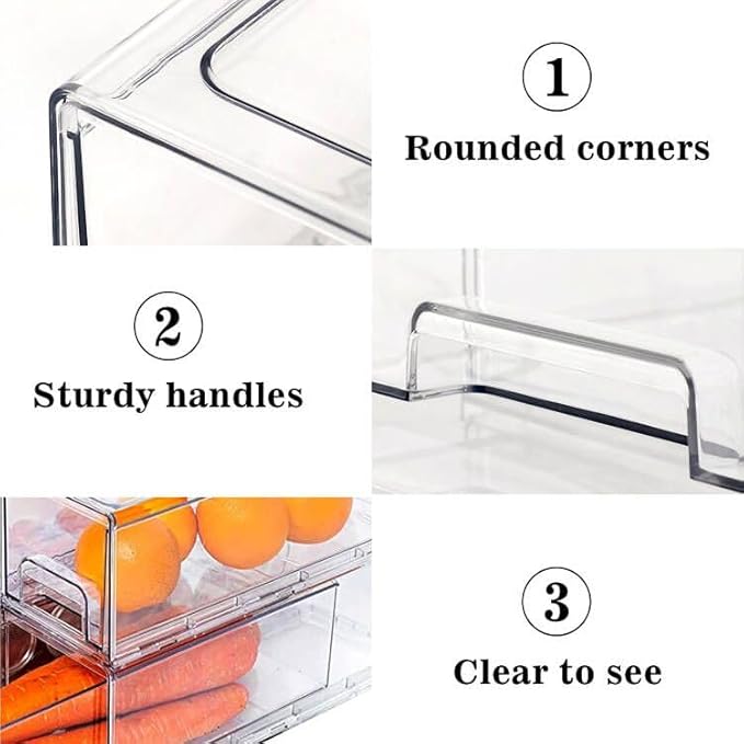 MANO 2 Pack Clear Fridge Drawers, Pull Out Stackable Refrigerator Drawer Organizer Bins, Pantry Storage Box Plastic Food Containers for Kitchen Bathroom Office Closet (2 Pack Large)