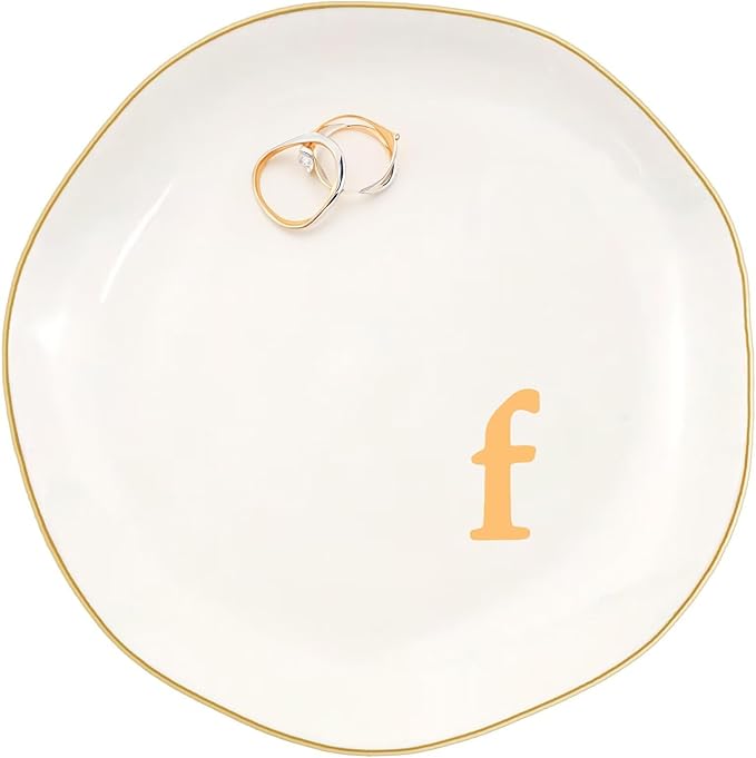 Ceramic Jewelry Dish with Personalized Monogram, White Decorative Ring Trinket Tray, Engagement Wedding Gift for Women Mom Friend, Letter f