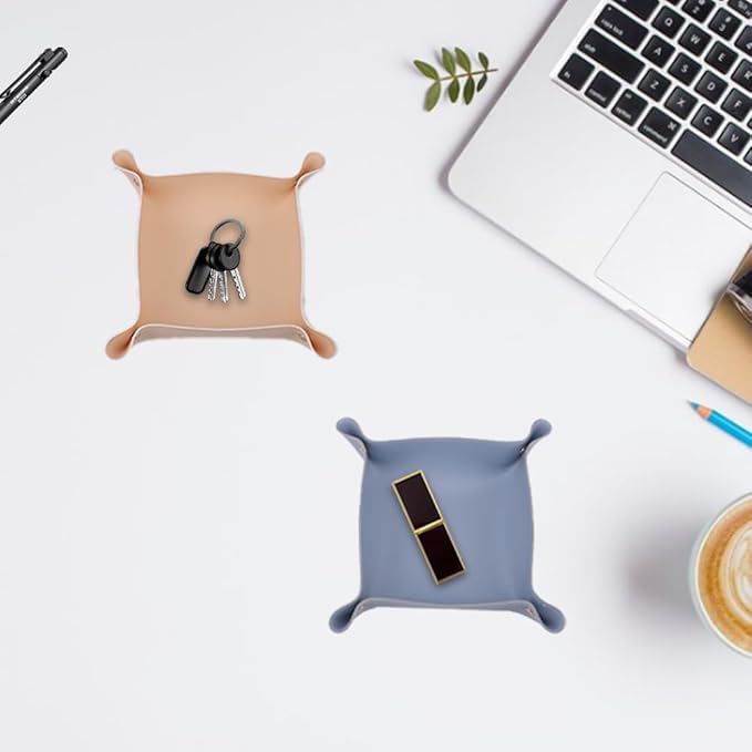 2PC Leather Valet Tray Organizer, Desk Organizer Tray Or Candy Holder, Practical Storage Tool for Travel, Home Or Office (Grey, Large+Extra Large)