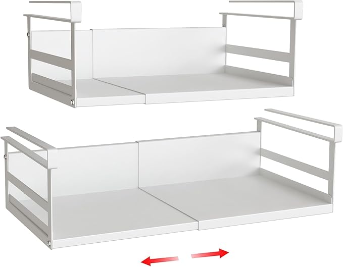 SHINEWON Expandable Under Cabinet Shelf Organizer with 0.94-Inch Thick Clips, Heavy Duty Extendable Under Shelf Storage Basket for Pantry or Laundry Room, White, 2 Pack, Interior: 4.13" H x 8.54" D