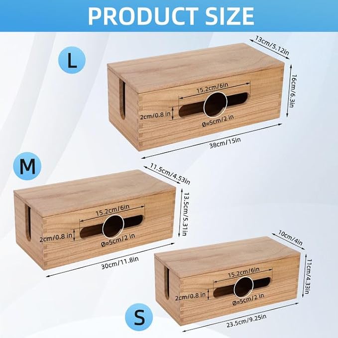 3-Piece Wooden Cable Management Box Kit: Wooden Cable Hider Storage Box Cord Organizer to Hide Cords & Wires for Desk Organization Protector Box for Home Office Kitchen Desk TV Computer Wires (S + M + L)