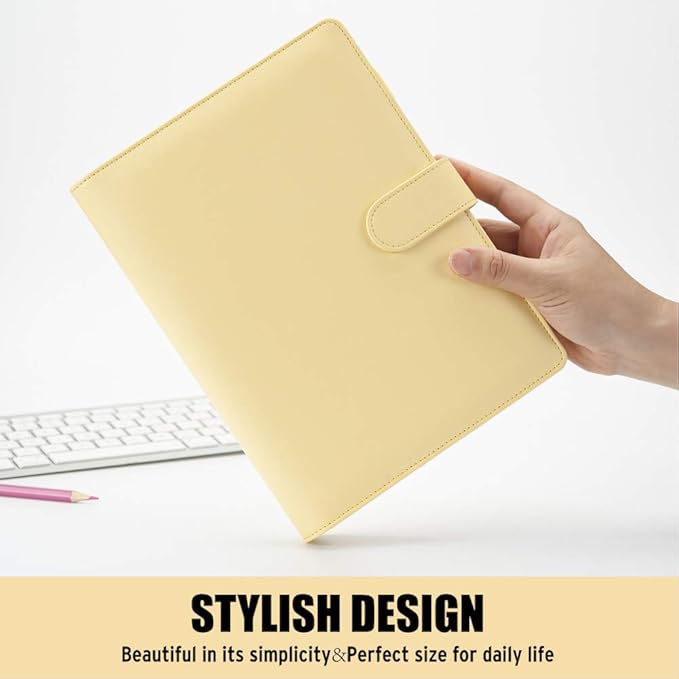 Sooez A5 Notebook Photocard Binder, 6-Ring Planner, Stylish Loose-Leaf Personal Organizer Cover with Magnetic Buckle, PU Leather Binder for Women with Soft Colors (Yellow)