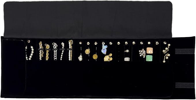 UnionPlus Velvet Jewelry Case Roll Bag for Necklace Bracelets, Extra Large with Elastic Band for Necklaces, Great Jewelry Organizer for Travel (Black - Multi)