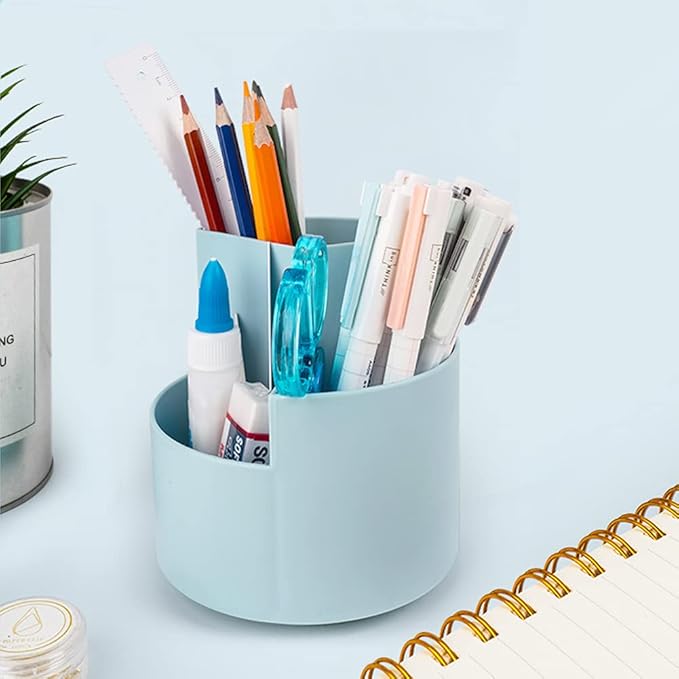 Rotating Pen Holder 3 Compartments, School Supplies Organizer for Pen, Colored Pencil, Art Brushes, Desktop Storage Box in Classroom & Art Studio, Gift for Teachers, Classmates, and Friends ,Blue