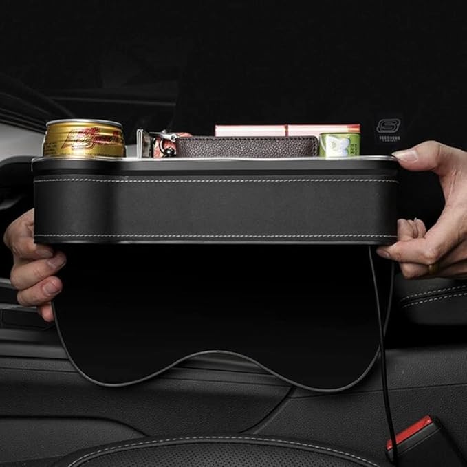 Tumecos Car Seat Gap Organizer with Light Multifunctional with Small Cup Holder Storage Box Car Seat Organizer Car Seat Gap Filler with 2 USB Super Fast Charge Ports(Black, Driver’s Side)