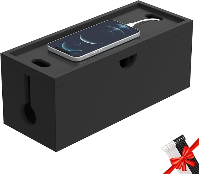 Bamboo Cable Management Box, Large Cord Organizer Box Cable Box to Hide Wires & Power Strips for Desktop Storage Cord Holder for Office Home, No Assembly Required (All Black, 1 Medium)