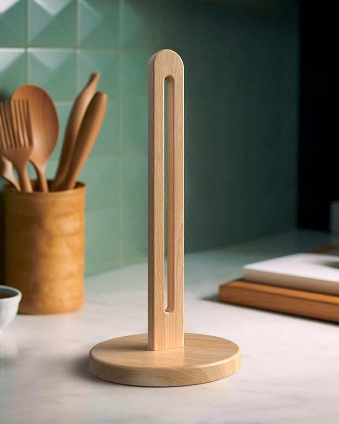 KitchLife Wooden Paper Towel Holder Countertop, Fits Jumbo Roll - Solid Beechwood Paper Towel Dispenser Stand with Anti-Skid Base, 1 Pack