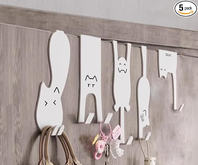 Nooboochichy Over The Door Hooks, Door Hangers Clothes Hangers Behind The Door, Wall-Mounted Cat-Shaped Metal Hangers for Clothes, Hats, and Keys, Set of 5