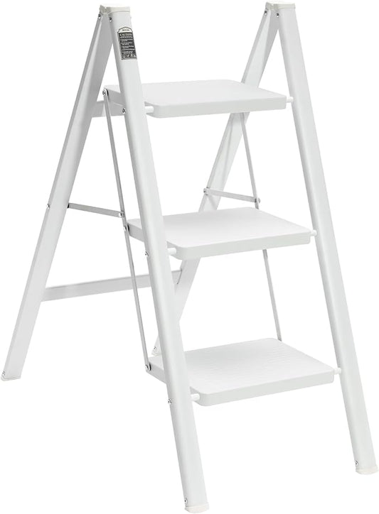 BOCOM 3 Step Ladder, Lightweight Portable Foldable Collapsible Folding Sturdy Iron Metal Step Stool with Anti-Slip Wide Pedal, Heavy Duty 330 lbs Capacity, for Home, Kitchen, Closet, Adults, White