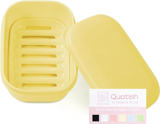Quatish Leakproof Soap Dish with Lid & Draining Layer, Shatterproof Travel Bar Soap Holder Case Container, Portable Travel Size Toiletries Essentials for Camping, Gym, Bathroom, Yellow