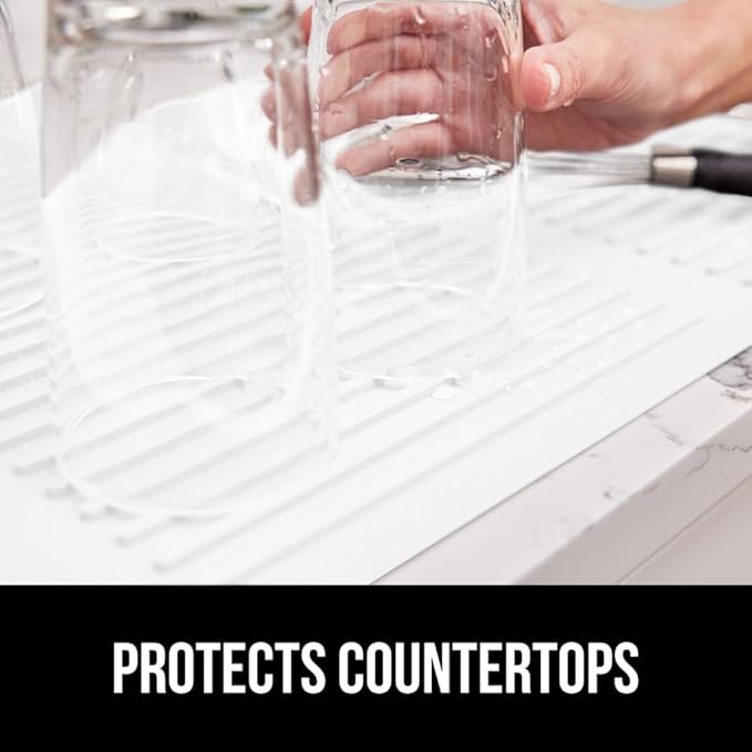 GORILLA GRIP 100% BPA-Free Patented Silicone Dish Drying Mat for Kitchen Counter, Water Catching Ribbed Design, Easy Clean Waterproof Sink Liner, Heat Resistant, Fits Under Rack, 12x16 Inch, White