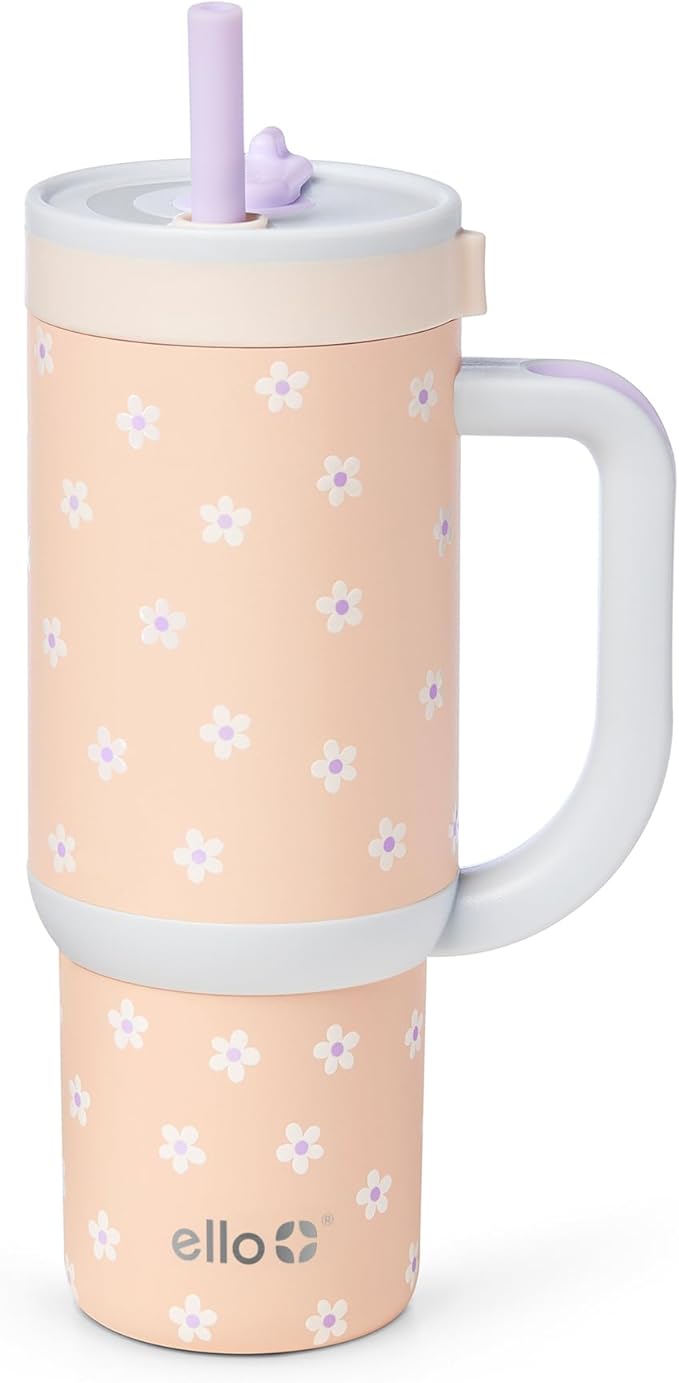 Ello Oasis 18oz Stainless Steel Kids Tumbler with Handle & Retracting Straw, 100% Leakproof, Double-Wall Vacuum Insulated, Kids Water Bottle for School, BPA Free, Dishwasher Safe, Orange Daisies