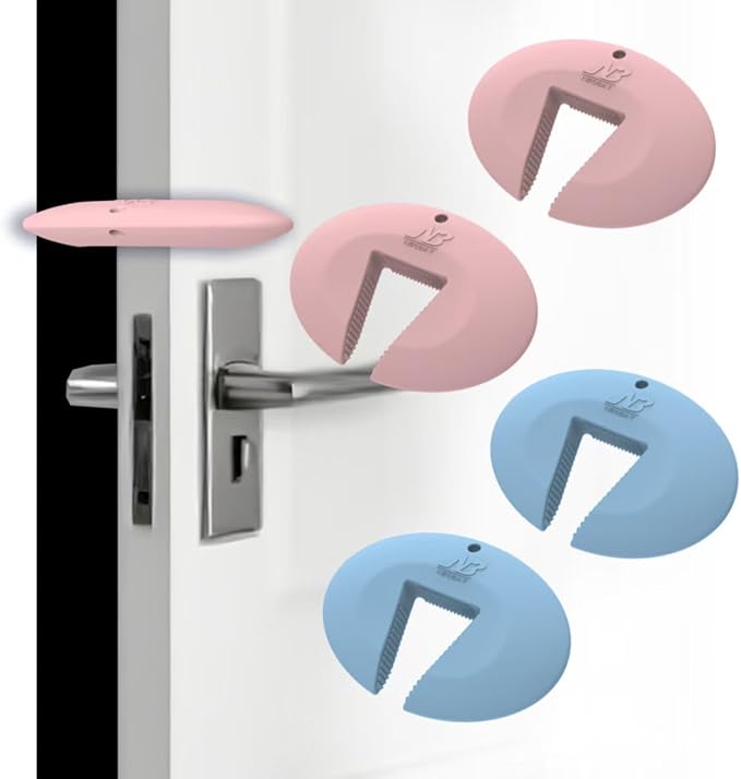 Door Pinch Guard and Door Slam Stopper, Durable Silicone Door Finger Pinch Guard, Prevents Slamming on Even Heavy Doors, Non-Toxic & Pet Friendly, 4 Packs (2 Pink 2 Blue)