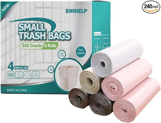 SWIHELP Trash Bags, 4 Gallon / 15 Liters Small Garbage Bags for Office, Kitchen,Bedroom Waste Bin,Colorful Portable Strong Rubbish Bags,Wastebasket Bags 240 Counts