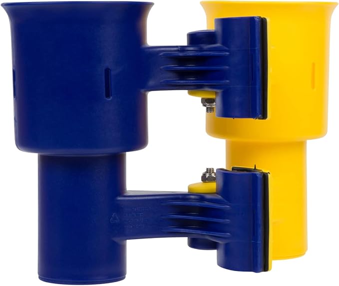 ROBOCUP, (Yellow & Navy), Patented Clamp On Boat Cup Holder |Multifunction Dual Drink Caddy for Fishing Poles, Tools, Net, Gaff |Portable Storage for Boating, Beach, Umbrellas, Golf Carts, Strollers