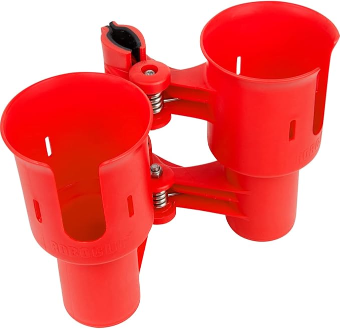 ROBOCUP, (Red), Patented Clamp On Boat Cup Holder |Multifunction Dual Drink Caddy for Fishing Poles, Tools, Net, Gaff |Portable Storage for Boating, Beach, Umbrellas, Golf Carts, Strollers
