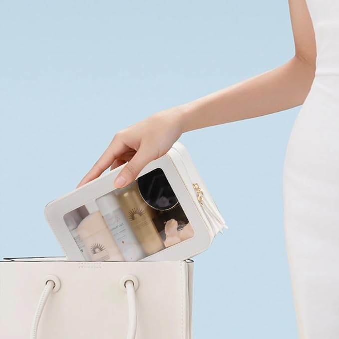 Clear Makeup Bag, White Travel Makeup Pouch Toiletry Bag for Women Waterproof Small Cosmetic Bag Case Small Make Up Bag with Zipper Car Organizer Car Essentials for Women Men