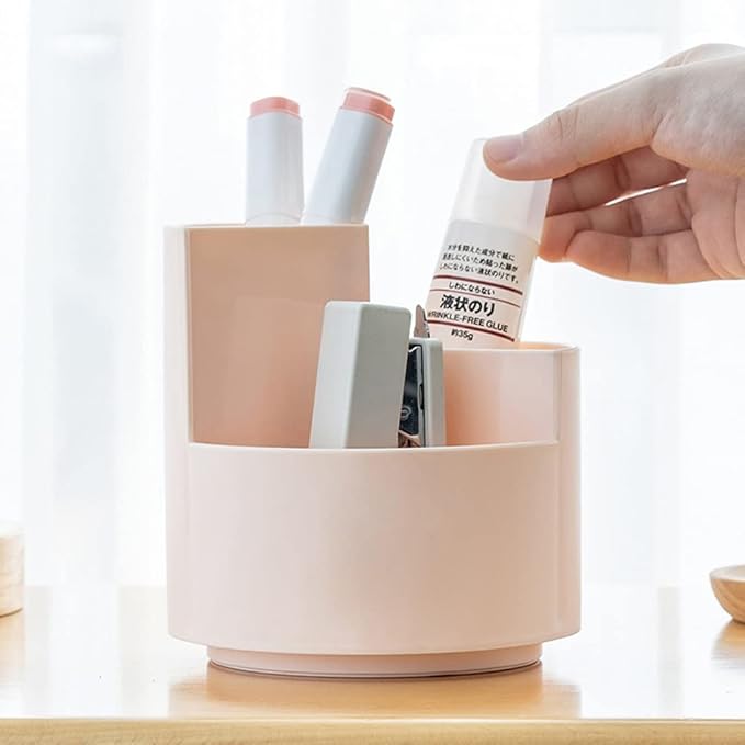 Rotating Pen Holder 3 Compartments, School Supplies Organizer for Pen, Colored Pencil, Art Brushes, Desktop Storage Box in Classroom & Art Studio, Gift for Teachers, Classmates, and Friends ,Pink