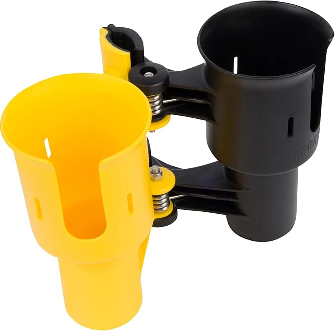 ROBOCUP, (Yellow & Black), Patented Clamp On Boat Cup Holder |Multifunction Dual Drink Caddy for Fishing Poles, Tools, Net, Gaff |Portable Storage for Boating, Beach, Umbrellas, Golf Carts, Strollers
