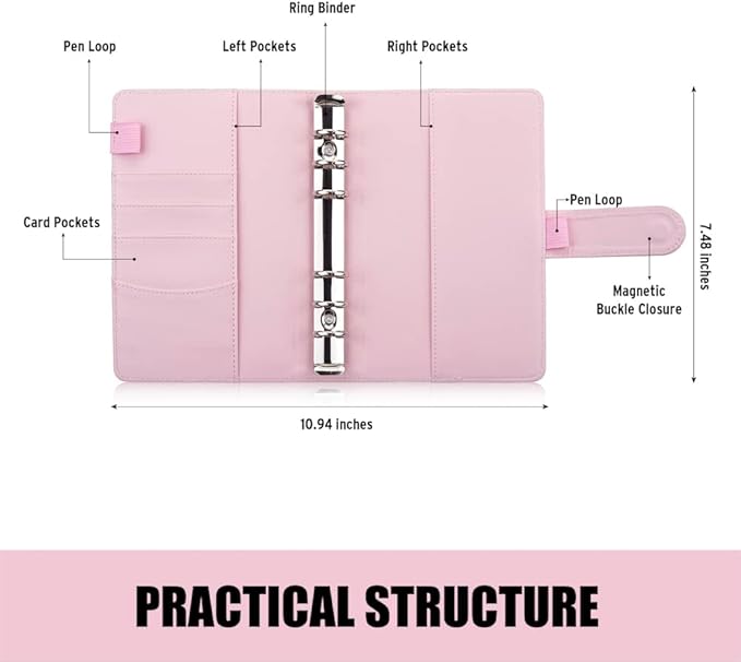 Sooez A6 Notebook Binder, 6 Ring Planner with Stylish Design, Loose Leaf Personal Organizer Binder Cover with Magnetic Buckle Closure, PU Leather Binder for Women with Soft Colors, 7.48"x5.2"