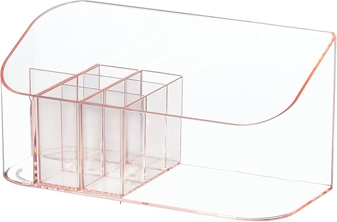 SUNFICON Makeup Holder Tray Organizer Cosmetic Display Case Tabletop Desktop Vanity Countertop Bathroom Wall Cabinet Medicine Storage Box 9 Dividers 2 Removable for Womens Ladies Girls Crystal Pink