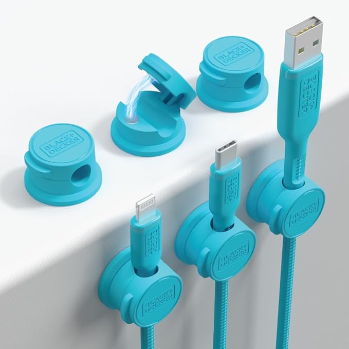 BLACK+DECKER Magnetic Cord Organizer Holder, 6 Pack Magnetic Cable Clips, Under Desk Cable Management, Strong Adhesive Cord Holder for Nightstand Kitchen Appliances Car Wall Office, Phone Wire Keeper