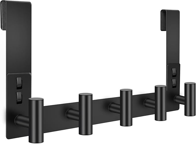 PMMASTO Shower Door Hooks, (7.5 Inch) Extended Towel Hook for Bathroom Frameless Glass Shower Doors, Stainless Steel Heavy Duty Holder for Hanging Robe, Towel (Black 5 T-Hooks-Fits 3/8" Thick Door)