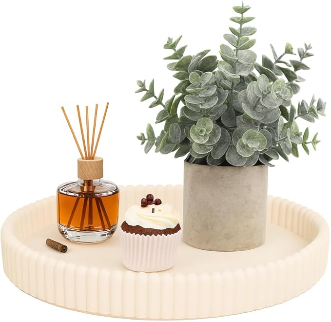 11.8in Decorative Tray for Coffee Table Decor- Beige Oval Concrete Tray for Home Decor- Scalloped Flat Modern Centerpieces Tray Decor for Living Room, Kitchen Dining Table, Entryway (Beige)