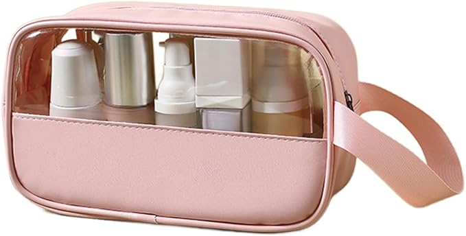 Clear Makeup Bag, Portable Travel Toiletry Cosmetic Bag Case for Women, TSA Approved Transparent PVC Waterproof Clear Pouch for Travel Essentials for Women - Pink