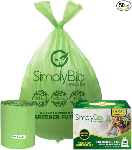 1.6 Gallon Compostable Trash Bags Handle, Heavy Duty Thick 0.6 Mil, 6.06 Liter, 50 Bags, Small Kitchen Food Scrap Waste Bag, ASTM D6400, US BPI and OK Compost Home Certified