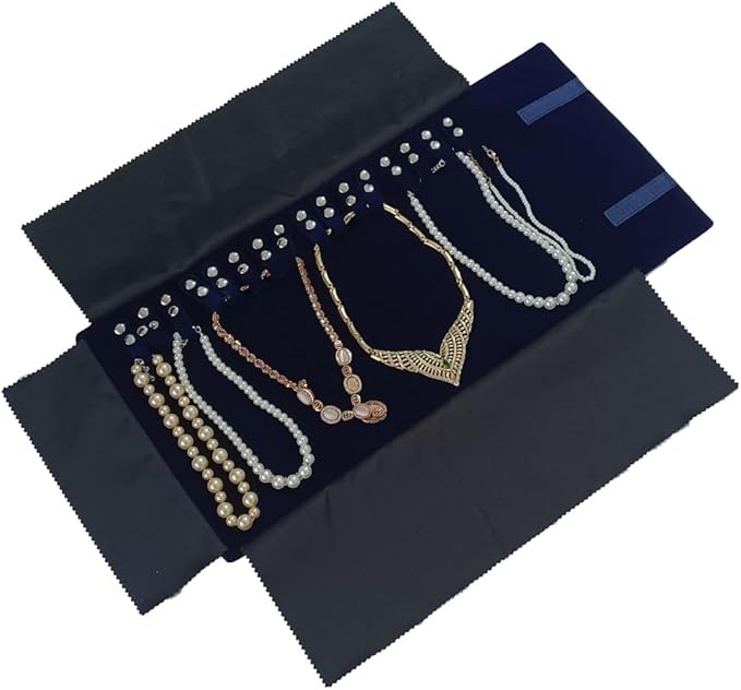 Velet Travel Jewelry Case Roll Bag Organizer for Necklace Bracelet Black Gray Velvet (Blue)