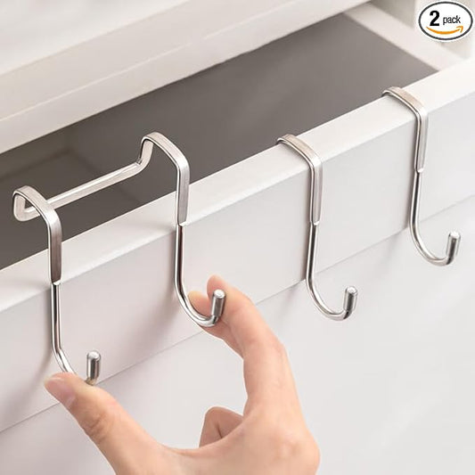 Over The Door Hooks, Stainless Steel Double Hooks, No Drill Cabinet Hooks for Kitchen Cabinet, Bathroom, Wardrobe, Office, Dormitory (2pcs)