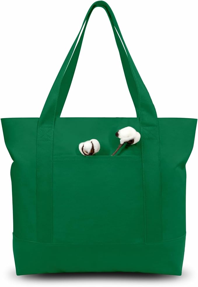 TOPDesign 3-Pack Canvas Tote Bags with an External Pocket, Reusable Grocery Shopping Bags, Top Zipper Closure, Daily Essentials (Green)