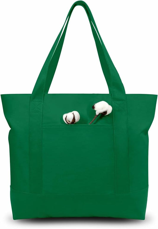 TOPDesign 3-Pack Canvas Tote Bags with an External Pocket, Reusable Grocery Shopping Bags, Top Zipper Closure, Daily Essentials (Green)
