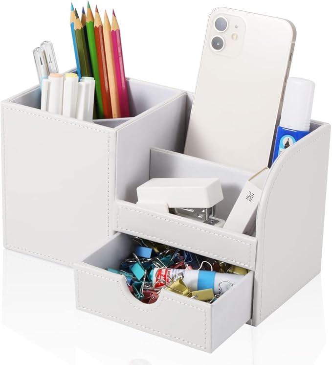 KINGFOM Desk Organizer Office Supplies Caddy Pu Leather Multi-function Storage Box Pen/Pencil,Cell phone, Business Name Cards Remote Control Holder with Small Drawer White