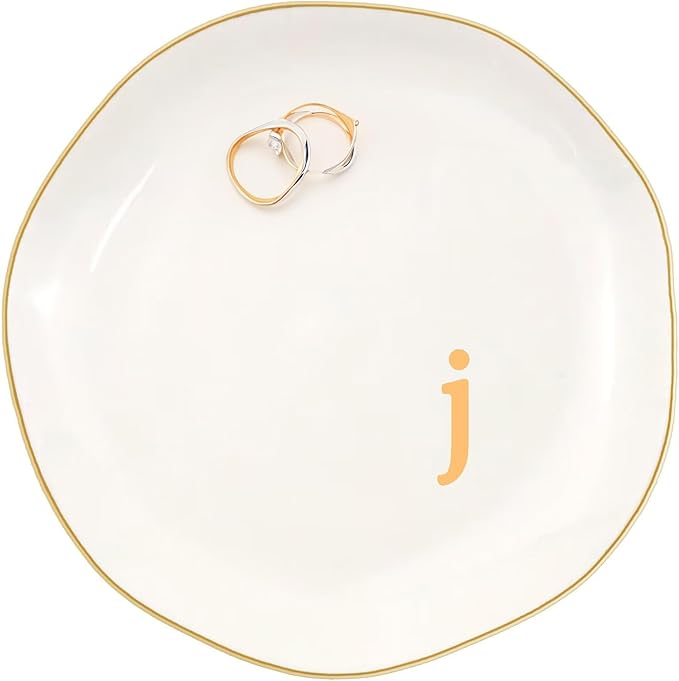 Ceramic Jewelry Dish with Personalized Monogram, White Decorative Ring Trinket Tray, Engagement Wedding Gift for Women Mom Friend, Letter j