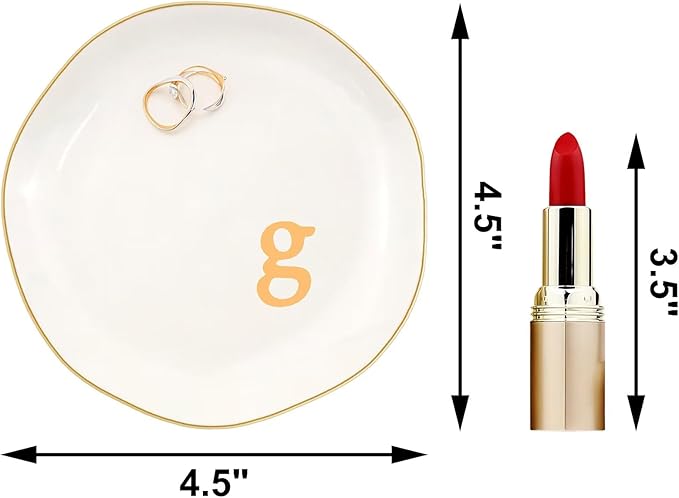 Ceramic Jewelry Dish with Personalized Monogram, White Decorative Ring Trinket Tray, Engagement Wedding Gift for Women Mom Friend, Letter g