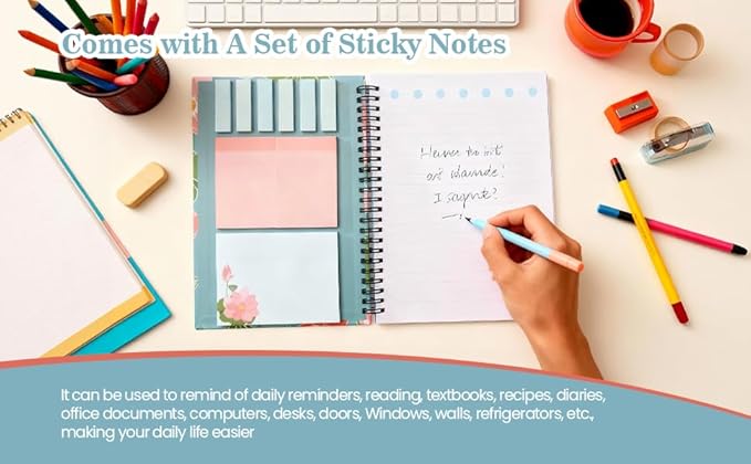 A5 Spiral Sticky Notebook,with 9 pads of decorated sticky notes and a handy notebook,Note Pads Teacher Appreciation Gift Writing Memo Pads School Office Supplies and Daily Life Organization (Lotus)