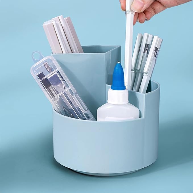 Rotating Pen Holder 3 Compartments, School Supplies Organizer for Pen, Colored Pencil, Art Brushes, Desktop Storage Box in Classroom & Art Studio, Gift for Teachers, Classmates, and Friends ,Blue