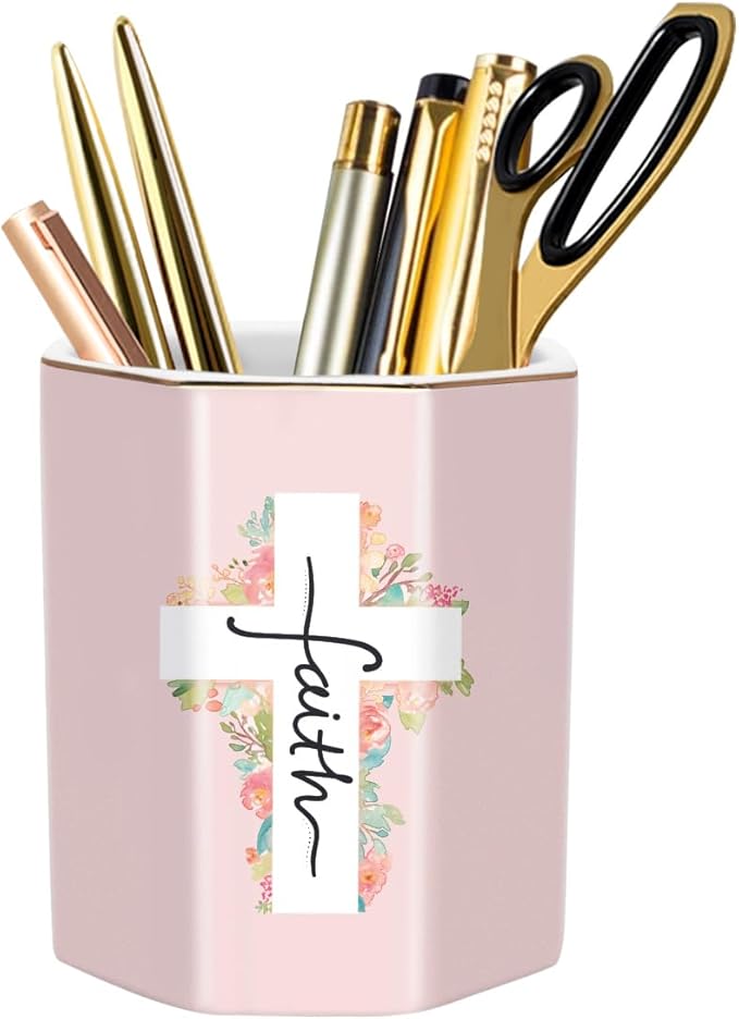 WAVEYU Pen Holder for Desk, Cute Ceramic Pencil Holder, Pen Cup Marker Holder Makeup Brush Holders, Desk Accessories & Workspace Organizers for Office, Home, Religious Style